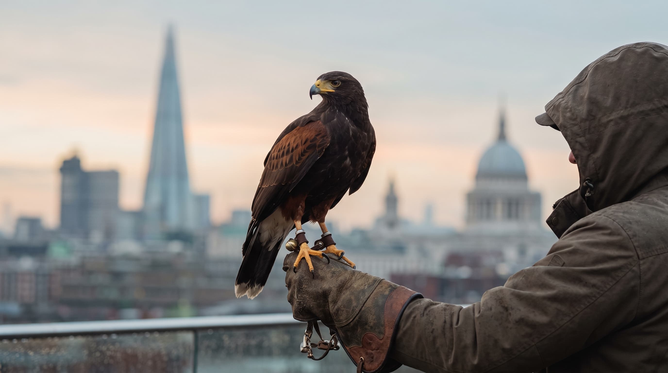 A Harris hawk on a falconer's gauntlet on a London rooftop at dawn