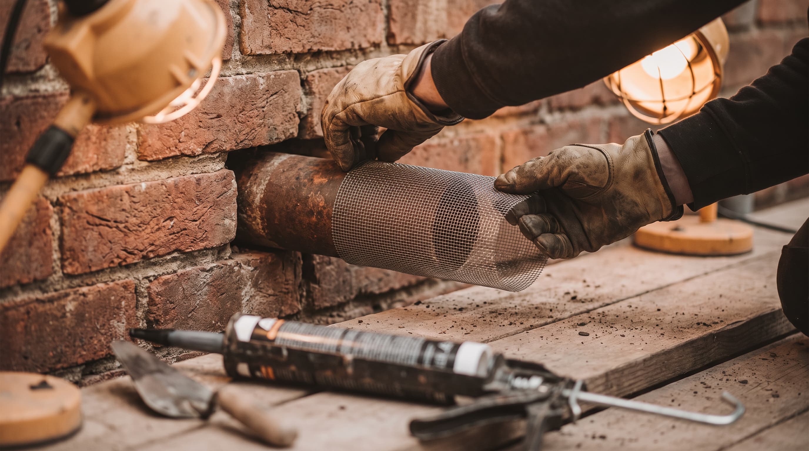 Stainless mesh being fitted around a service pipe penetration in brickwork
