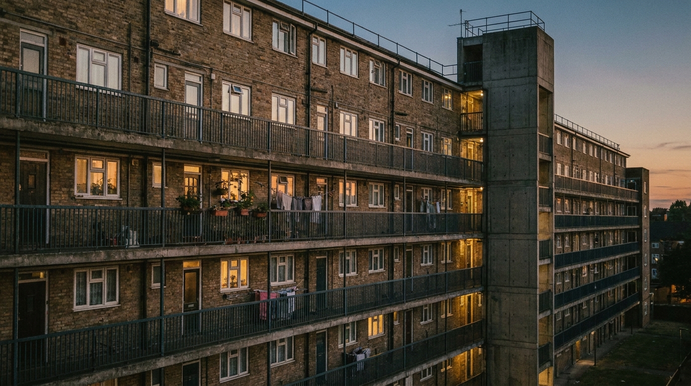 A post-war deck access housing block at dusk, open walkways running the length of each floor