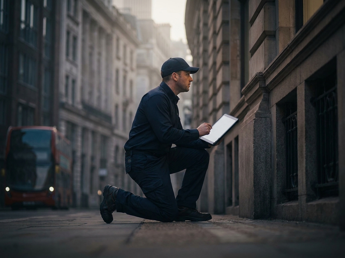 A technician inspecting the facade of a government building at dawn